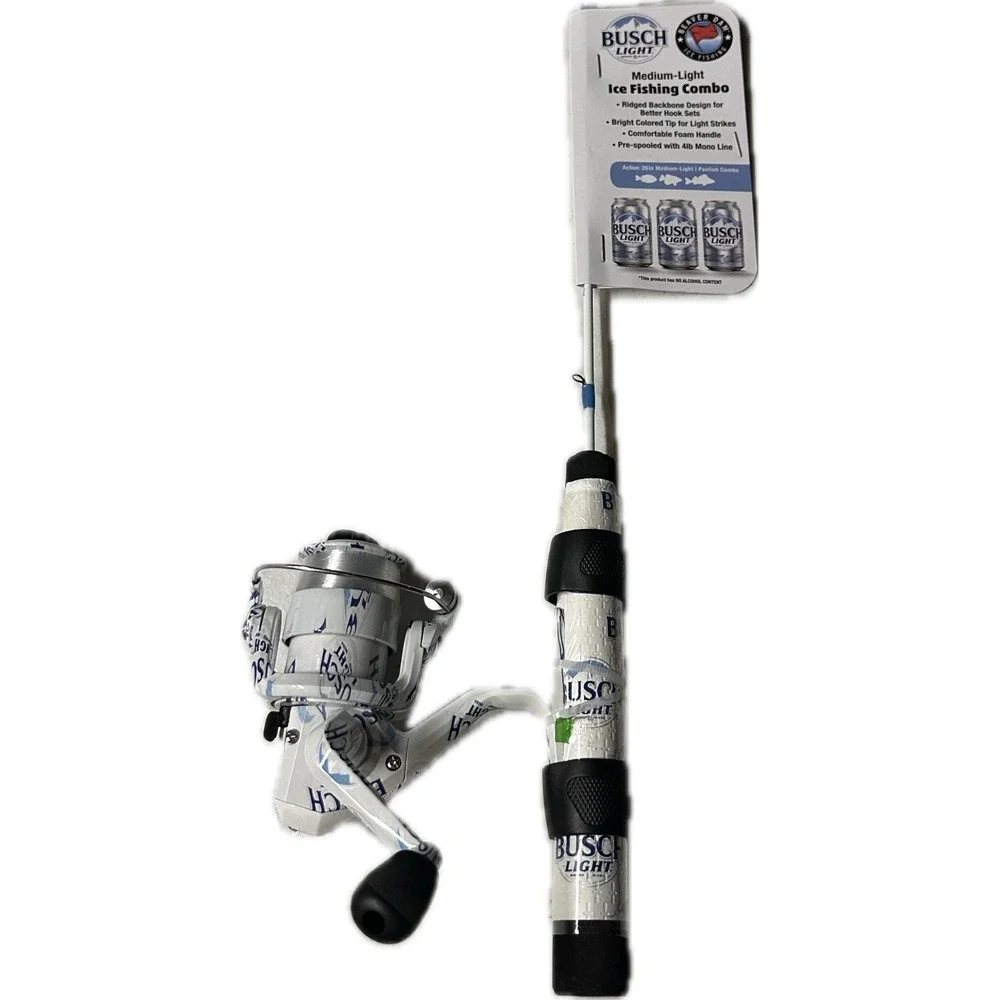 Busch Light Medium Light Ice Fishing Combo Spinning Reel Rod White Blue Black 26